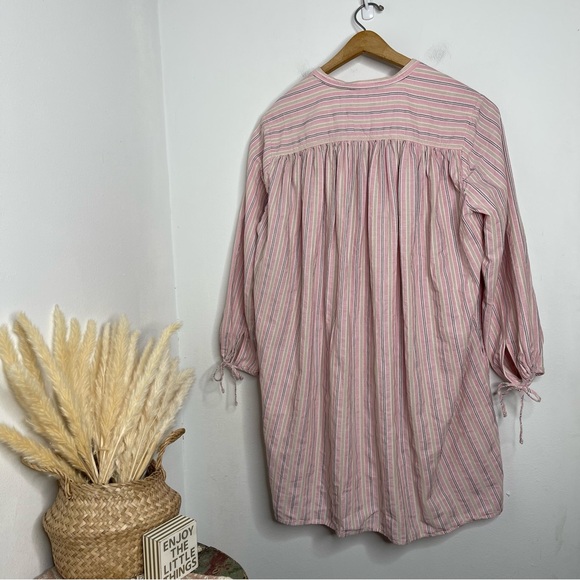 J.Crew Pink Striped Bow Tie Long Sleeve Cotton Poplin Dress M-L Cottage Vintage - Picture 5 of 16